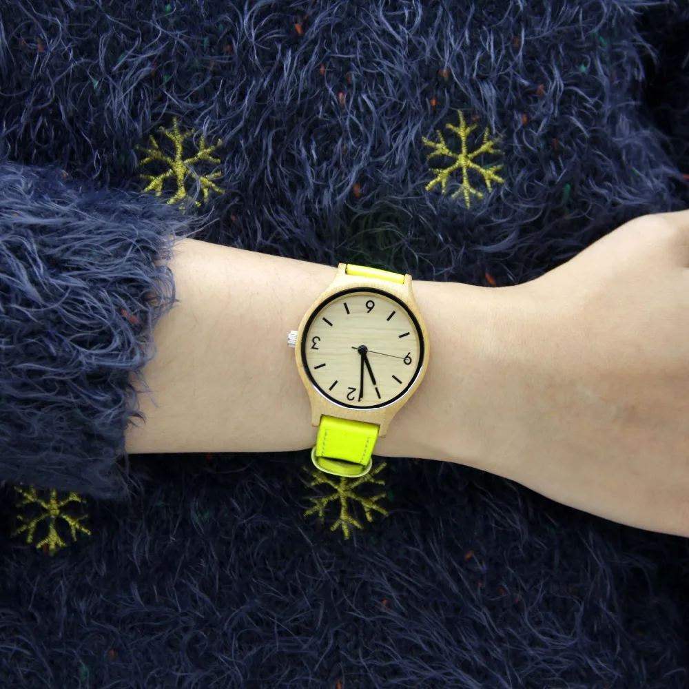 New Fashion Bamboo Wooden Wristwatch With Genuine yellow Leather Band Wood Watches for women