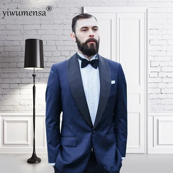 

yiwumensa costume homme Men suit Two Pieces Navy with black Groomsmen Wedding Blazer Wedding suits for men Custom made dress