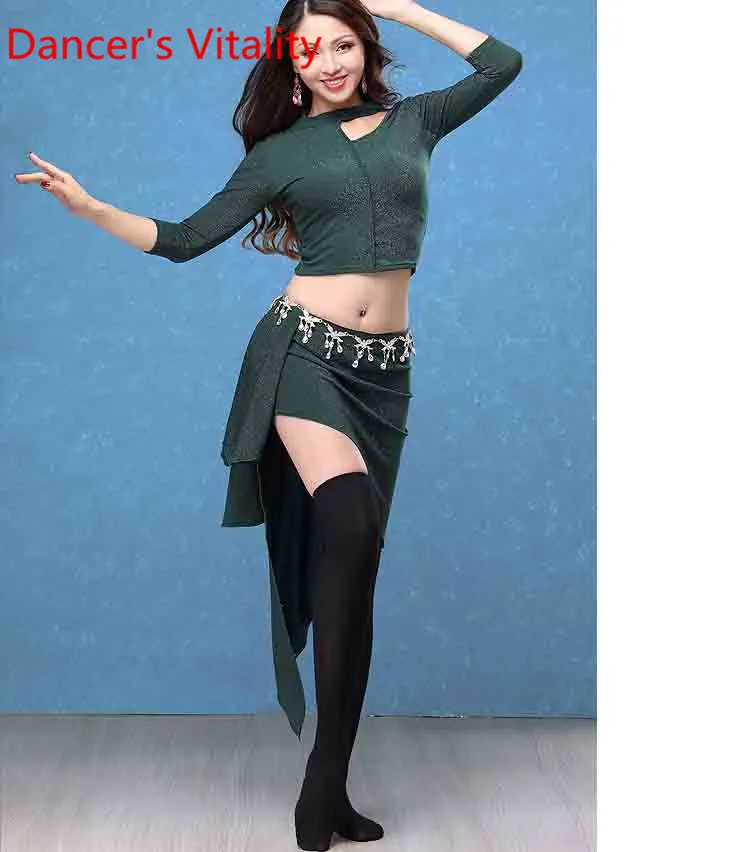 Новый модный костюм для танца живота, восточный индийский танцевальный топ, юбка с вырезами, 4 цвета, комплект для женщин и девушек, одежда