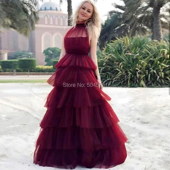 

African Burgundy Tiered Evening Dress 2019 Women Long Tulle Prom Dress Abendkleider Saudi Arabic Party Gown Robe De Soiree Hand