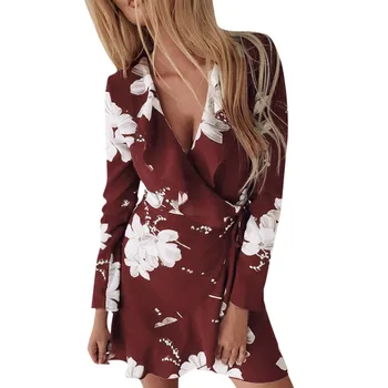 

MAXIORILL Women summer Sexy Flower dress Сексуальное платье Long Sleeve V Neck Printed Party Chiffon Party Dress free shipping#3
