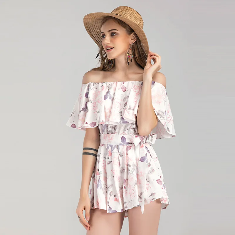

2019 New Europe and America Short-sleeved Pants Open Shoulder and Lotus Leaf Edge and Beach Wind Print Pants