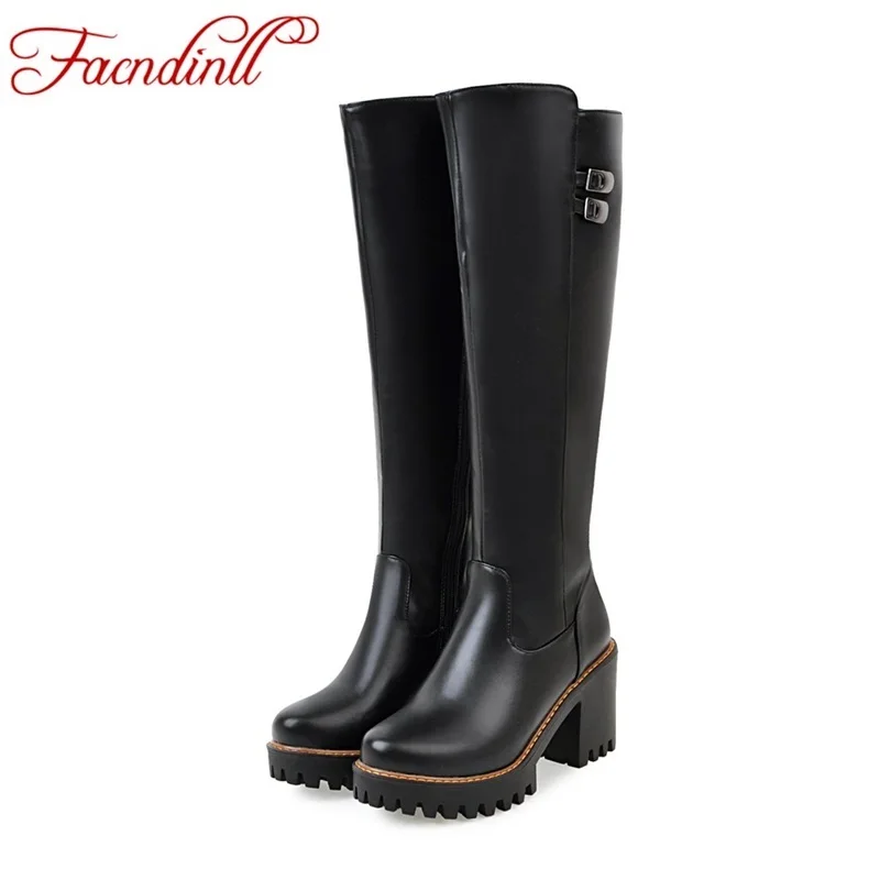

FACNDINLL women boots autumn winter warm sexy high-heeled new fashion pu knee-high waterproof riding snow boot black white boots