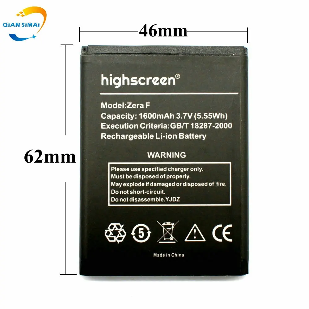 

QiAN SiMAi 1PCS New high quality Length Zera F (46*62 mm) Longer Battery For highscreen Zera F Rev.B phone