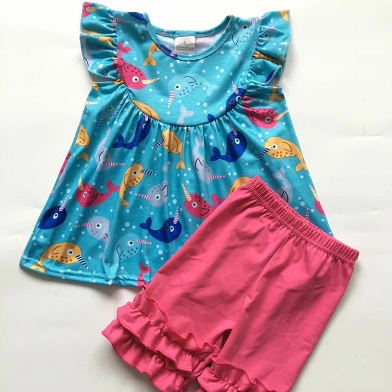 

2019 Europe and the United States popular summer new girl baby clothes cartoon print pattern round neck short-sleeved pants set
