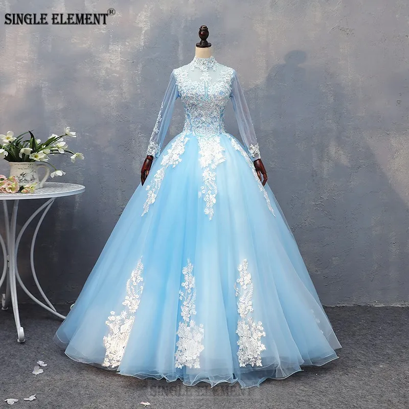 

Vintage Formal Dresses Puffy Elegant Prom Gowns Blue Full Sleeves Vestido De Festa Longo Quinceanera Dress