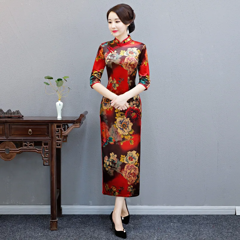 Осенние новые китайские женские тонкие длинные Cheongsam винтажные бархатные вечерние платья Элегантное платье с цветочным принтом Qipao оверсайз 3XL 4XL