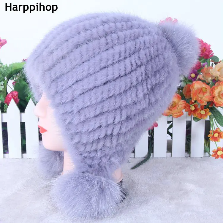 HARPPIHOP разноцветная норковая шапка женская зимняя меховая теплая шапка с ушками модная Милая настоящая норковая вязаная шапка из натурального меха