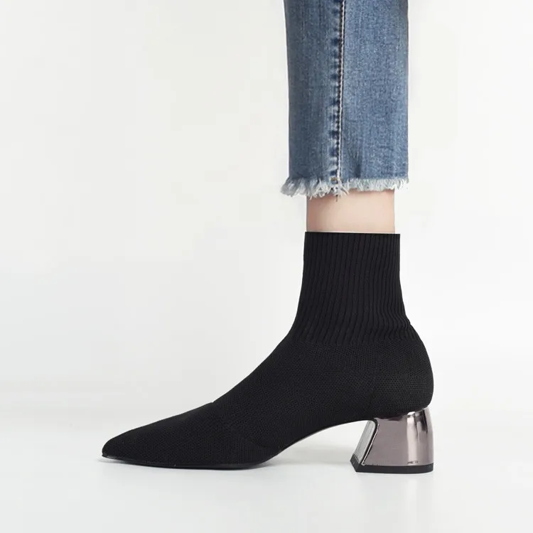 

Autumn Knitted Elastic Socks Boots Medium Heeled Short Boots Women Point Toe Ankle martin Boots