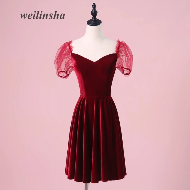 Weilinsha Short Velour Burgundy Evening Dresses 2018 Simple Weilinsha Short Velour Burgundy Evening Dresses 2018 Simple Vintage Little Lantern Sleeve Party Prom