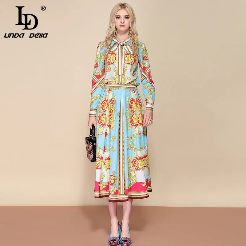 

LD LINDA DELLA 2019 Spring Fashion Designer Two Pieces Set Women's Vintage Print Belted Collar Blouses Midi Skirts Sets Suits