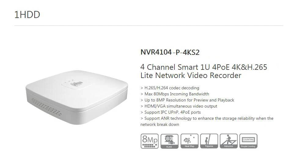 Dahua NVR 4CH NVR4104-P-4KS2 NVR4108-P-4KS2 Smart 1U 4PoE порт 4K& H.265 Lite сетевой видеорегистратор с разрешением до 8 МП