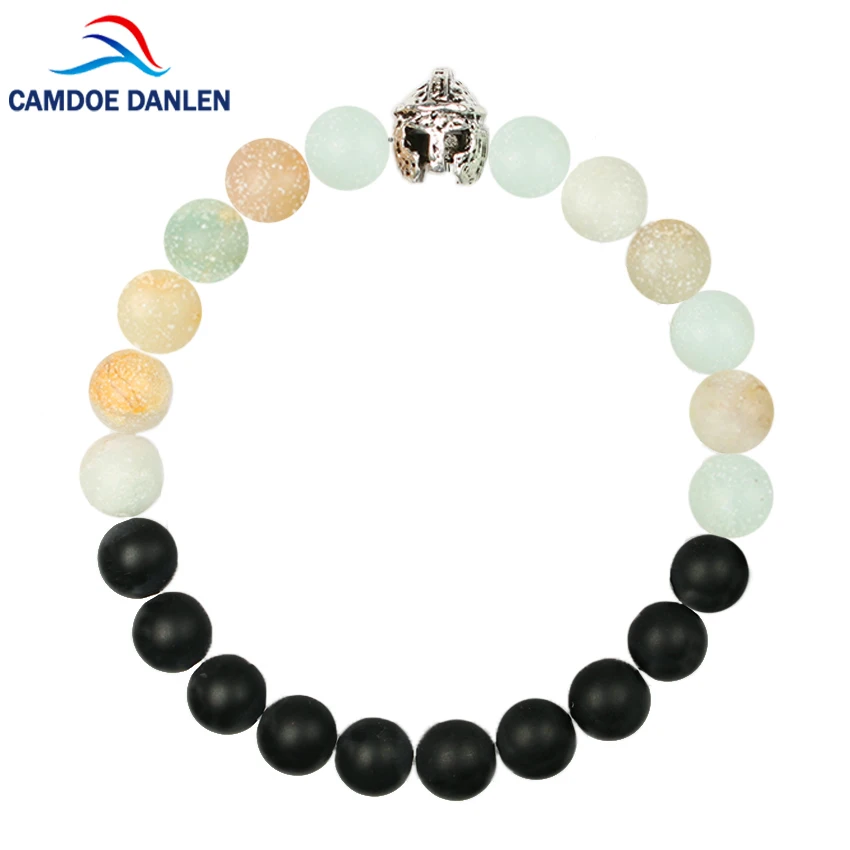 

CAMDOE DANLEN Men Bracelet Bangles Silver Steel Helmet Amazonite Onyx 8MM Natural Stone Beads Bracelet Homme Charms Men Jewelry