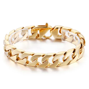 

New Arrive Mens Jewelry Rock Rolling Gold Tone Stainless Steel Curb Cuban Bracelet Link Chain 15mm8.66"