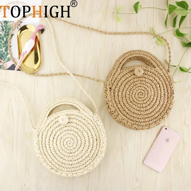 

TOPHIGH Summer Women's Purse Straw Round Bags Designer Pouch Lady Female Wallet Shoulder Clutch Bohemian Bag E04