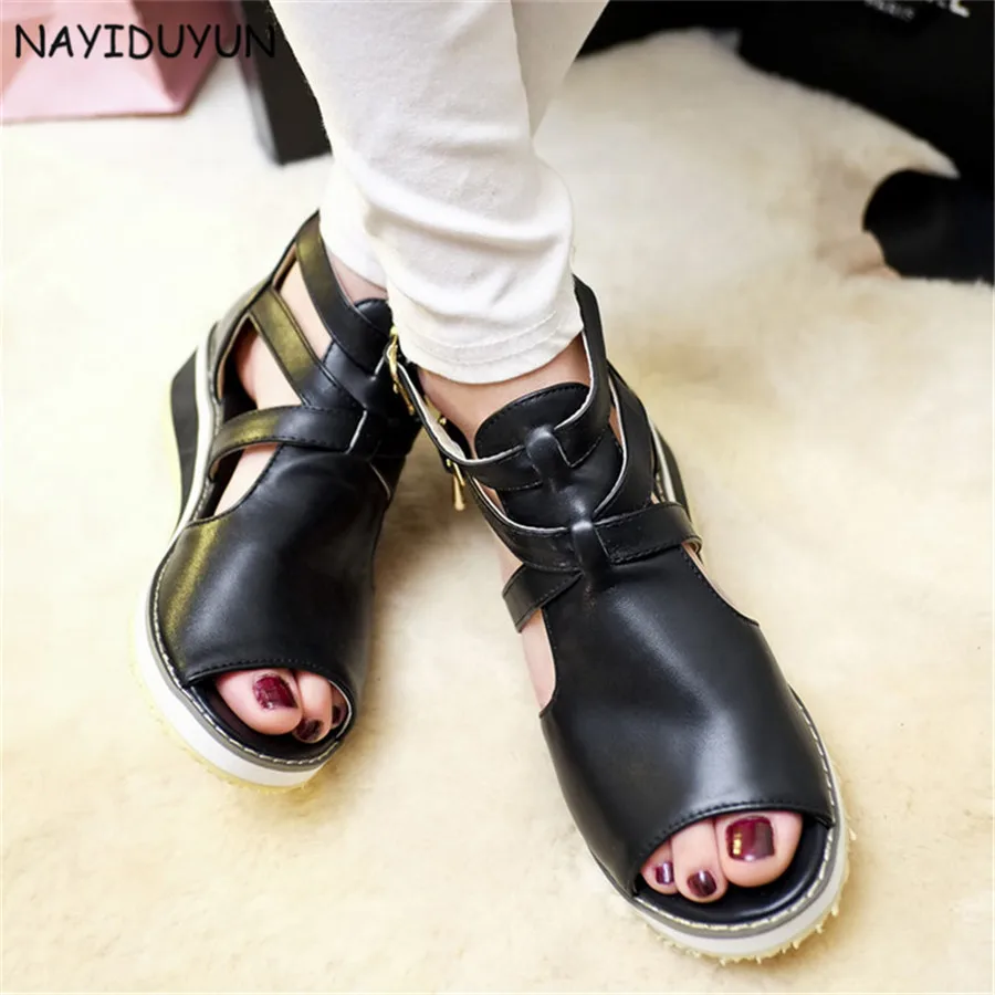 

NAYIDUYUN Women Black White Shoes Peep Toe Wedges Roman Gladiator Sandals Punk Party Summer Platform Oxfords Casual Shoes