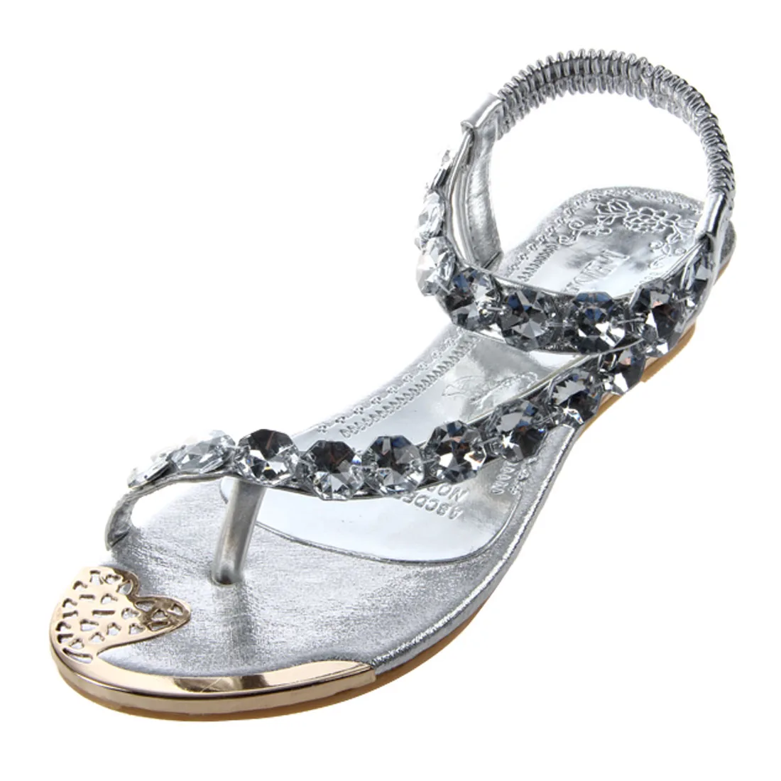 silver sandals with rhinestones low heel