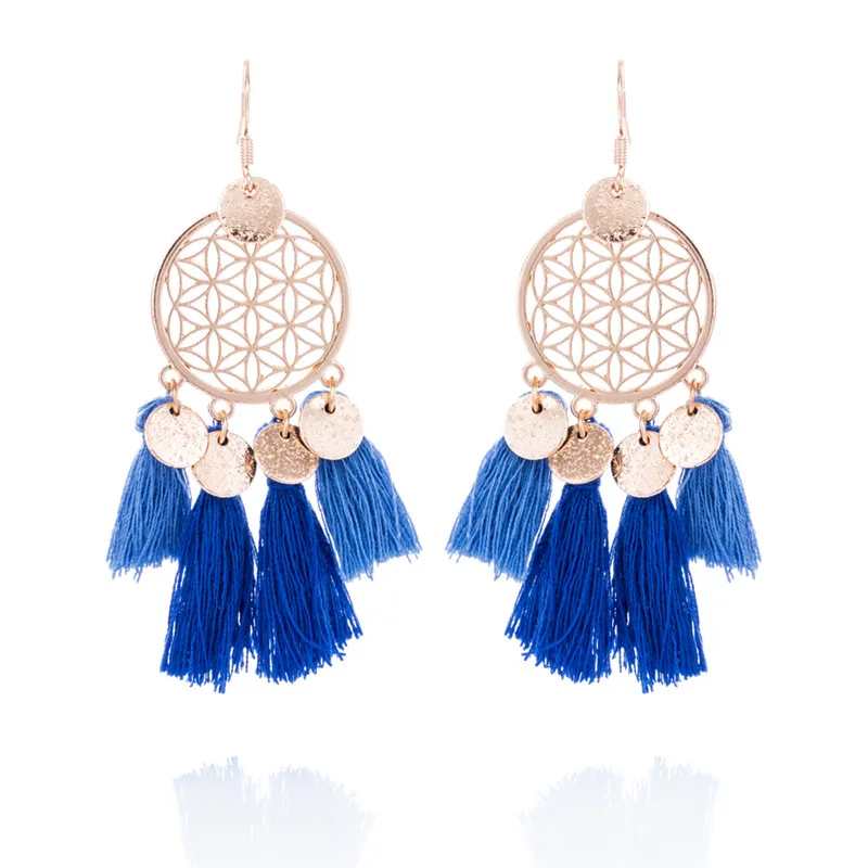 Gold color round sequins boho ethnic tassel drop earrings Women ladies fashion earring bohemia statement vintage wedding - Окраска металла: E020313