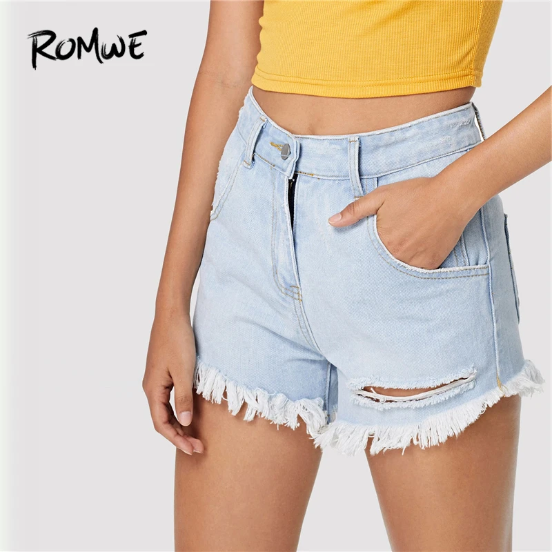 

ROMWE Faded Frayed Edge Denim Shorts Fabulous Women Blue Pockets Button Fly Shorts 2019 Chic Basic Mid Waist Summer Shorts