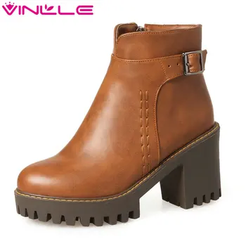 

VINLLE 2020 Women Shoes Ankle Boots Western Style Square High Heel Round Toe Zipper Buckle Ladies Motorcycle Shoes Size 34-43