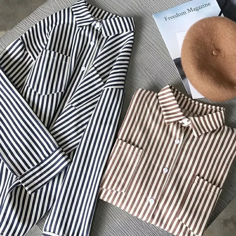 2019 Autumn New Women's Shirt Retro Fashion Loose Classic Striped Boyfriend Style Long Sleeve Female Shirts Casual Blouse 80s90s