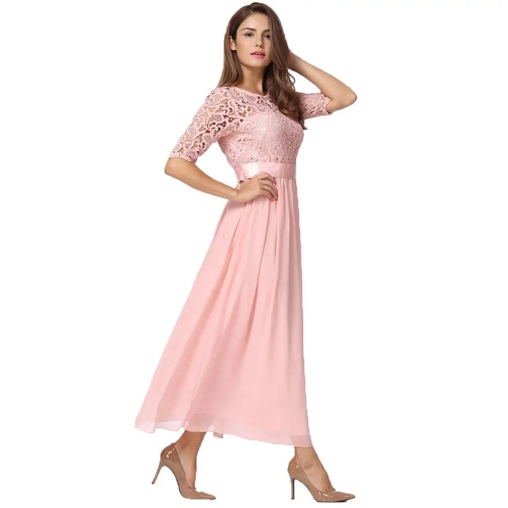 Осеннее женское шифоновое платье размера плюс 3XL 4XL 5XL кружевное платье длинные платья элегантные женские макси платья для вечеринок Женская Клубная одежда - Цвет: Розовый