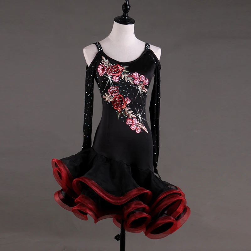 

Strapless Long Sleeve Latin Dance dress Performance clothes Adult Woman New Pattern Fine Quality Applique Ladtin Dress