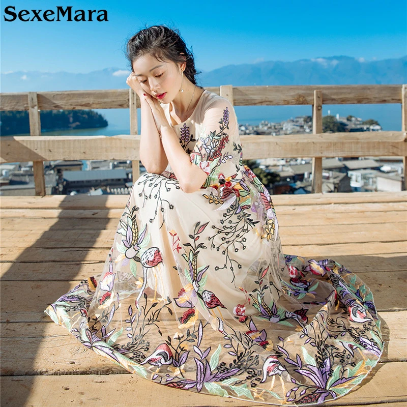 SexeMara Runway Dress 2017 Women's Mesh Floral Embroidered