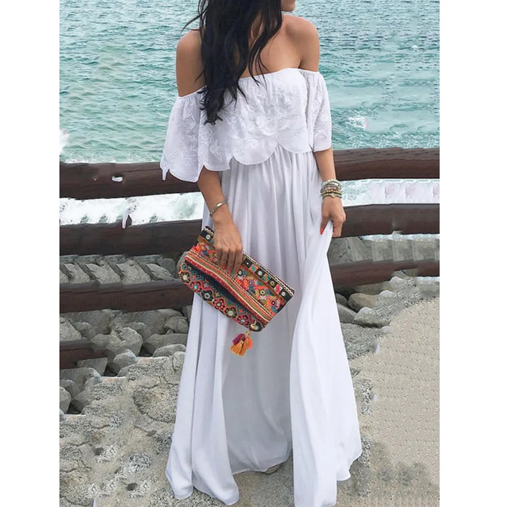 Strapless White Patchwork Lace Ruffled Boho Dress Women Off Shouder Party Long Maxi Style Dress sukienka - buy at the price of $7.69 in aliexpress.com | imall.com