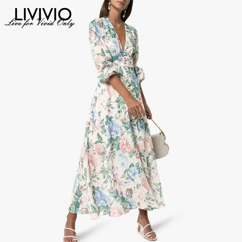 

[LIVIVIO] 2019 Summer V Neck Long Maxi Dress Sash Tie ZIM Floral printed Lantern Long Sleeve Elegant Vacation Ladies Fashion