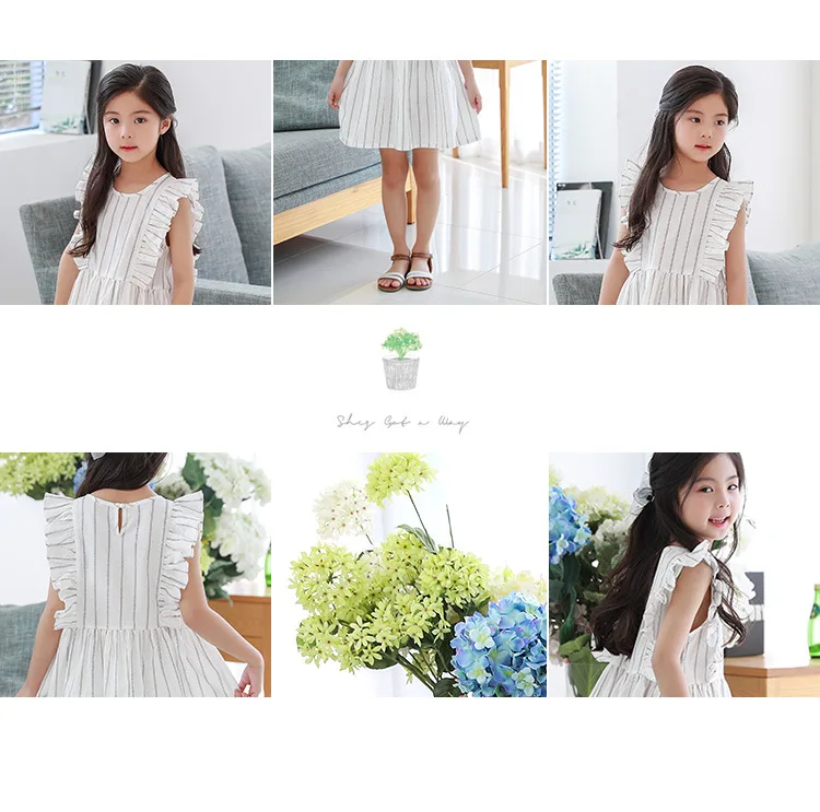 Yeediosn Summer Beach Kids Dresses For Girls Cotton Striped Girls Princess Dress Sleeveless Ruffles Children White Girl Costume (8)