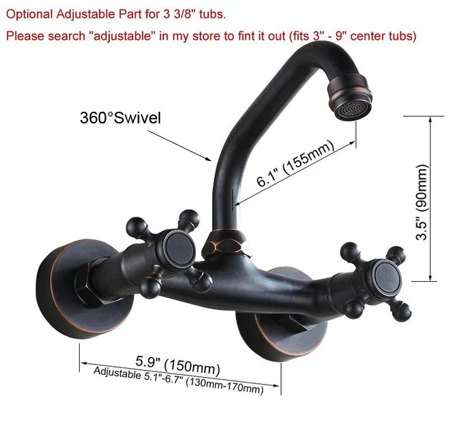 Oil Rubbed Bronze Wall Mounted Dual Cross Handles Swivel Kitchen Bathroom Sink Basin Faucet Mixer Tap anf321