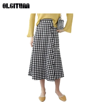 

New 2020 Autumn and Winter Korean Simple Art Elastic Waist Buckle Slim Long Cotton Linen Plaid A-line Skirt