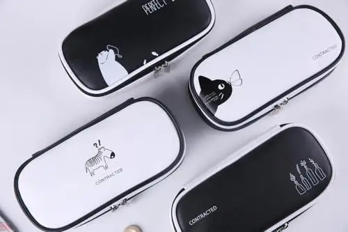 

Korean pencil case boys girls pencil box bag pouch school-supplies black white zebra cat Bear PU leather simple cute pencil case