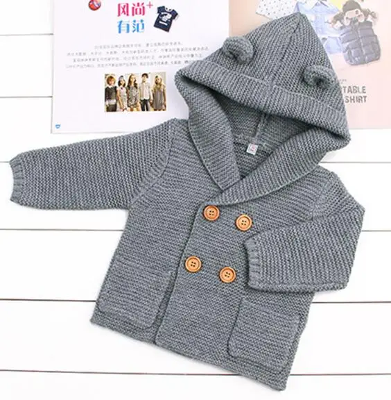 Вязаный кардиган для маленьких мальчиков; коллекция года; зимние теплые свитера для новорожденных; модное пальто с капюшоном и длинными рукавами; куртка; одежда для детей - Цвет: Gray