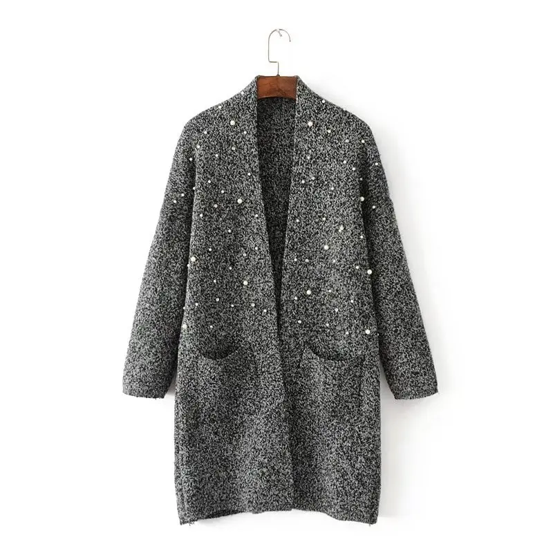 

New 2017 Women Long Pearl Cardigans Sweater Long Sleeve Open Stitch Knit Sweater Cardigans V neck Oversized Cardigan Jacket Coat