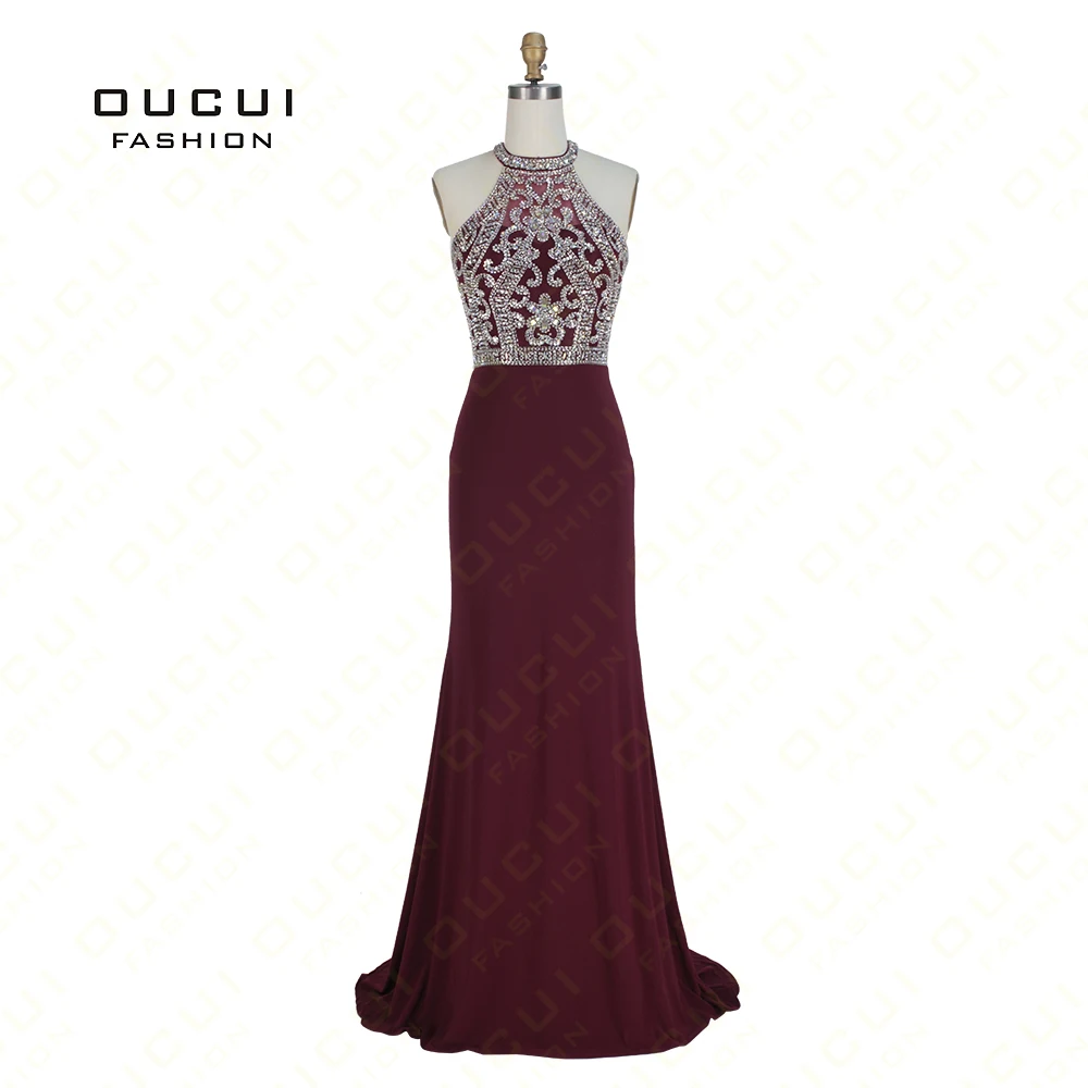Real photo Red Beading Halter Crystal Elegant Evening Dresses 2019 Luxury Sparkly Mermaid Dress Formal Robe De Soire OL102936 | Свадьбы и