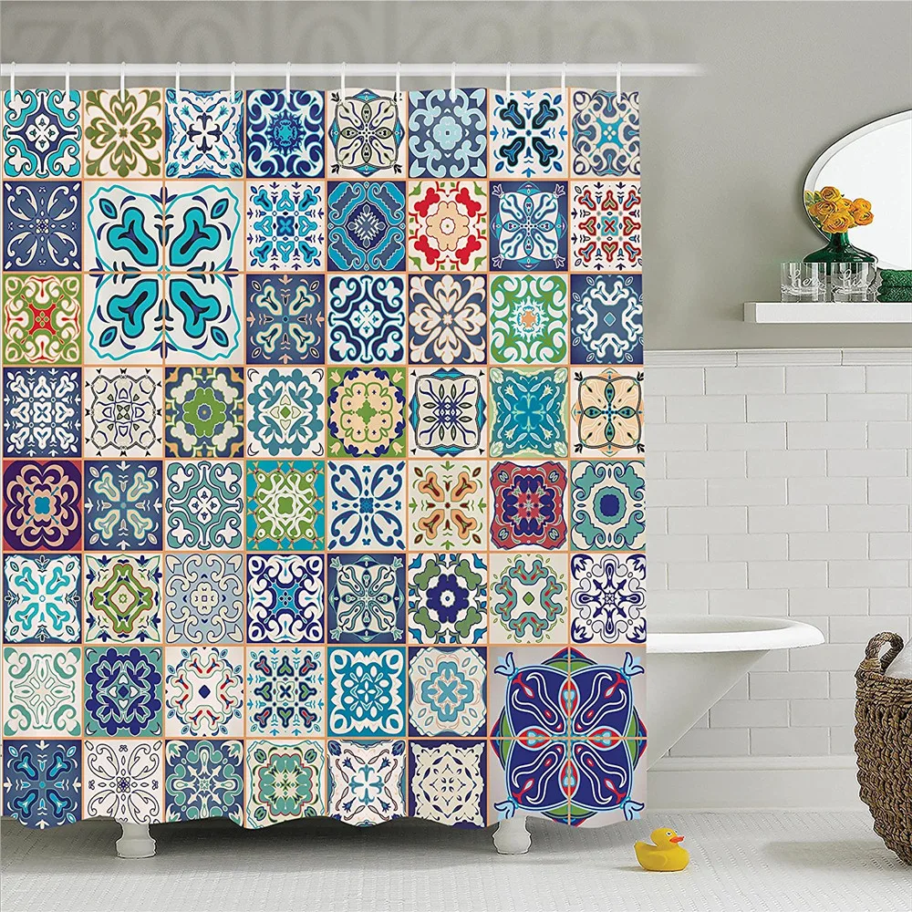

Moroccan Decor Shower Curtain Set Floral Patchwork Design With Arabesque Figure And Shapes Mediterranean Symbolic Artisan Work B