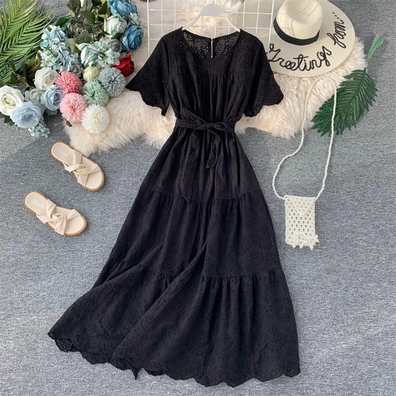 

TYHRU Summer Women Solid Color High Waist Ruffle Trim Elastic Belt A-Line O-Neck Slim Dress