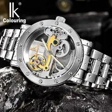 Men’s watch IK Colouring Hollow Automatic Mechanical Watch with Stainless Steel Bracelet Strap and Luminous pointer