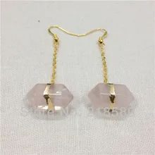H-ce23 Исцеление Кристалл Розовый Quartzs прекращено самородок Висячие серьги серебро или золото
