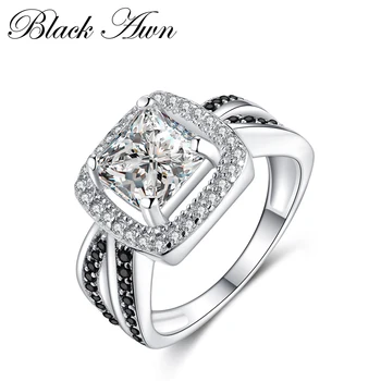 

[BLACK AWN] Square Wedding Black&White Stone Rings for Women Genuine 100% 925 Sterling Silver Jewelry C195