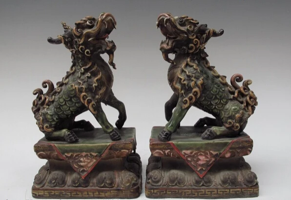 

song voge gem S1209 Pottery WuCai porcelain Feng shui Evil Foo Dog Kylin Kilin Brave troops Pair