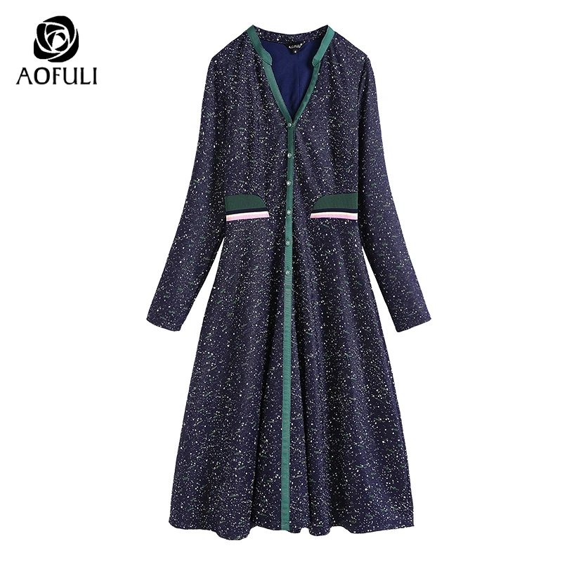 

size M/L/XL Women Printed Blue Dress Autumn Winter Long Sleeve Single-breasted V-neck Fashion Dresses B6157