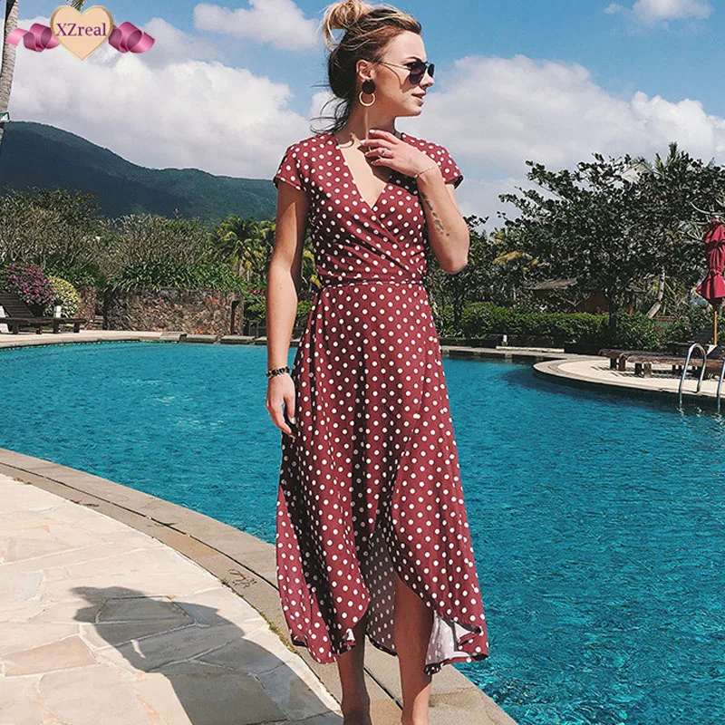 Boho Dot Long Print Beach Dress Women Summer Vacation Sundress Split