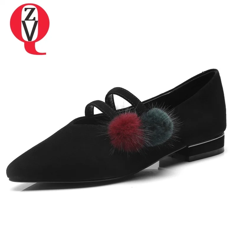 

ZVQ shoes women spring new leisure kid suede fur decoration women pumps 2 cm square heel pointed toe outside slip-on mary janes