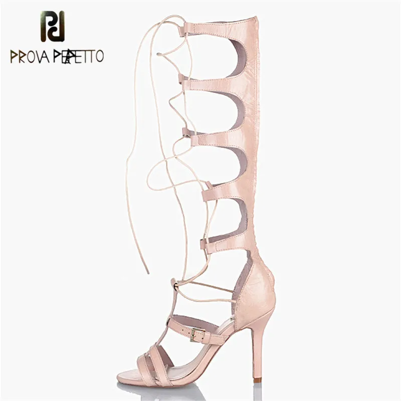 

Prova Perfetto Top Quality New Rome Black Sandals Genuine Leather Cross Strap Lace up Thin Heel Woman Sandals Fashion Apricot