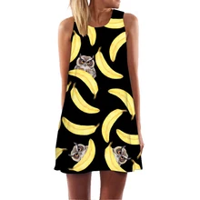 Модное платье женское летнее повседневное без рукавов с принтом кота банана Свинг Мими платье Сарафан размера плюс пляжное платье бохо