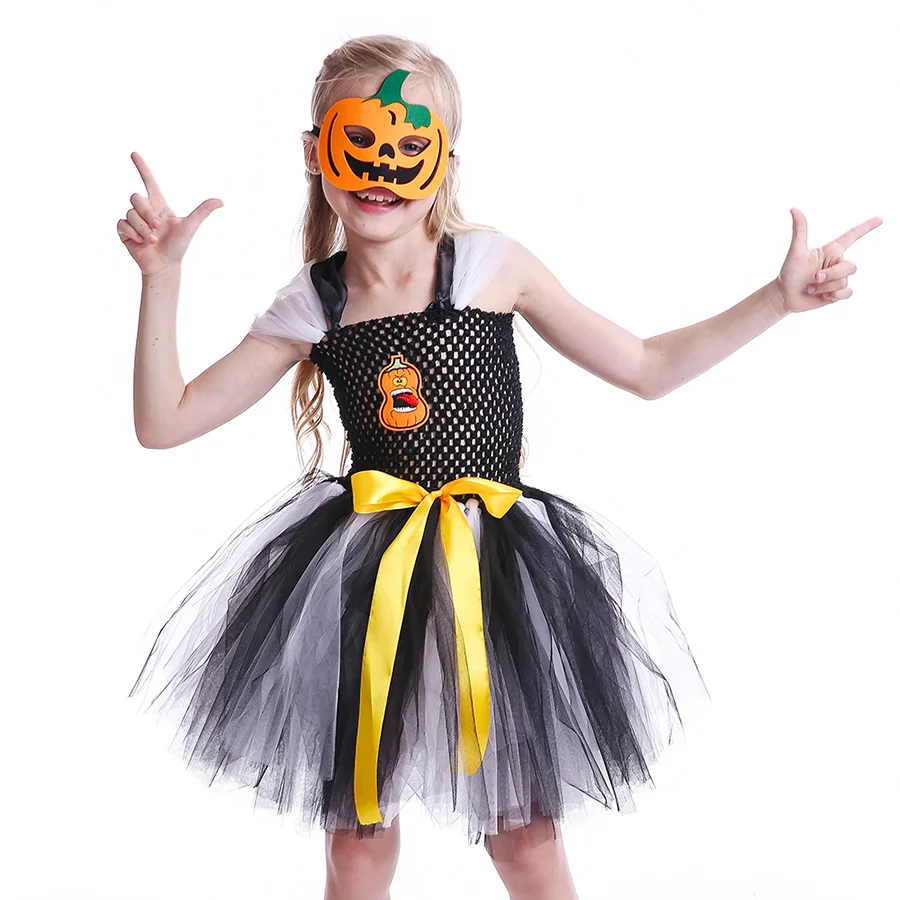 Kids Halloween TUTU Dress Girls Black White Tulle Costume with Pumpkin Mask (6)