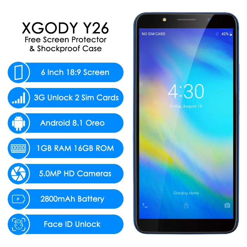 XGODY Y26 3g разблокировка смартфон 6 дюймов 18:9 Android 8,1 мобильный телефон с двумя sim-картами MTK6580 четырехъядерный 1G+ 16GB Face ID 2800mAh мобильный телефон